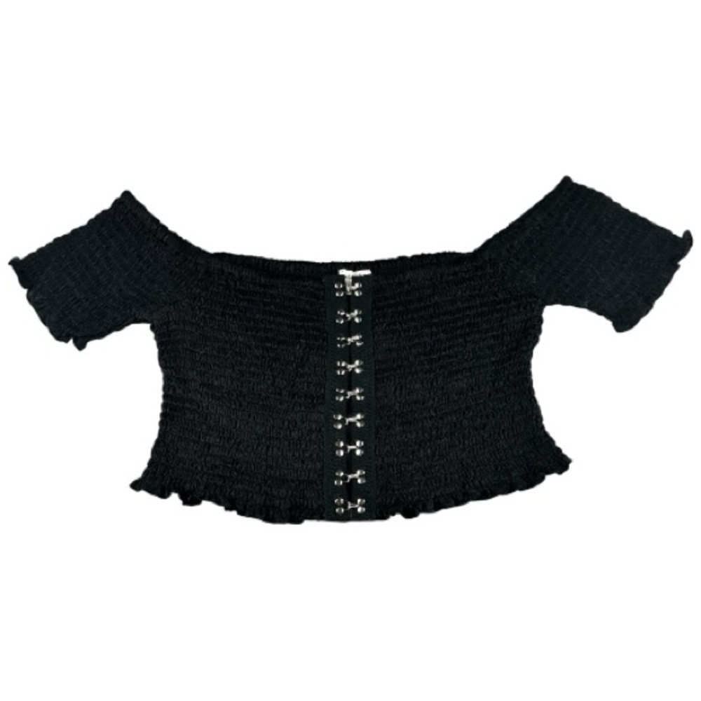 Cotton Candy LA Black Off Shoulder Ruffle Crop Top Y2K Boho Fairy Grunge L - Picture 3 of 11